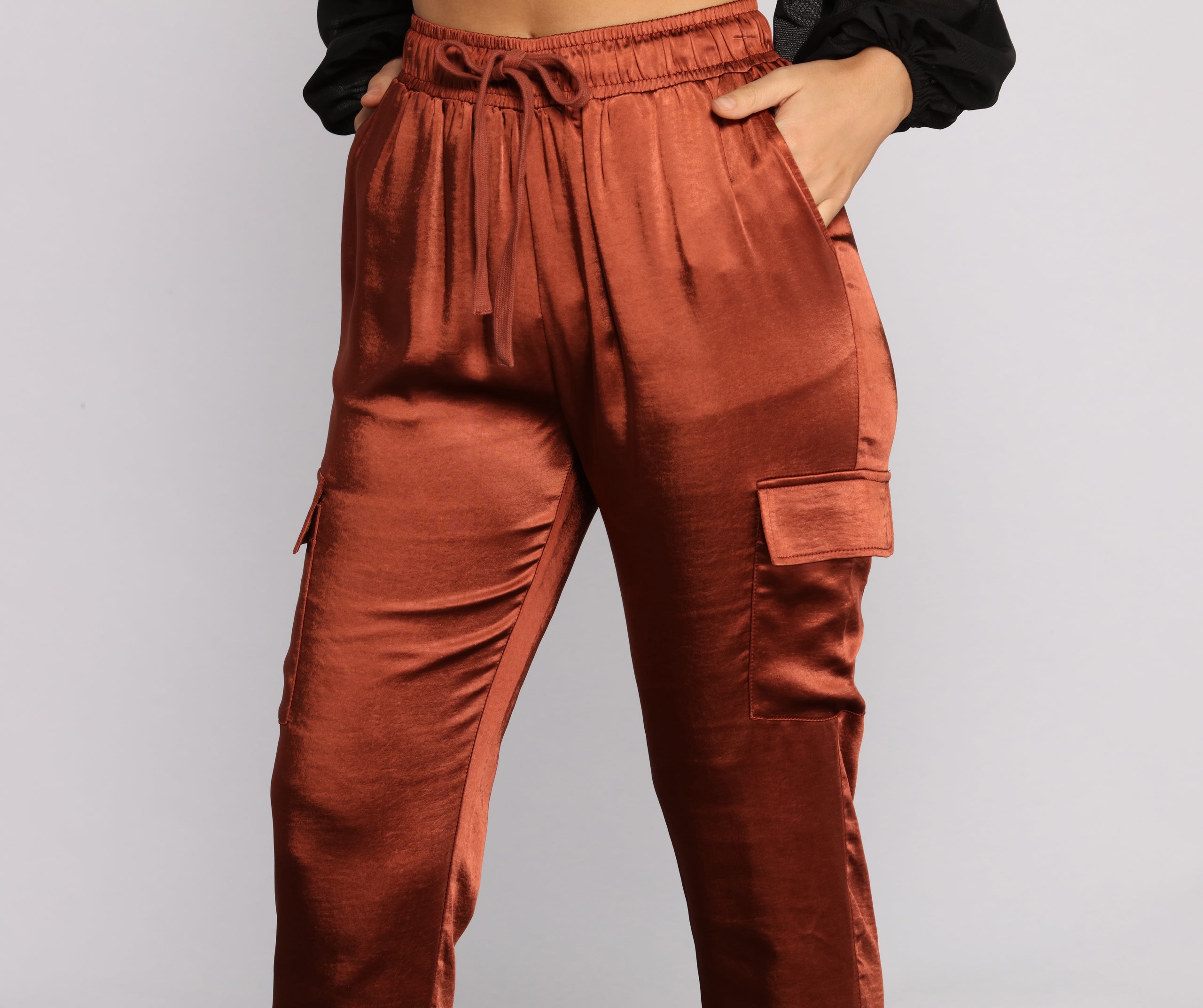 High Waist Satin Cargo Joggers