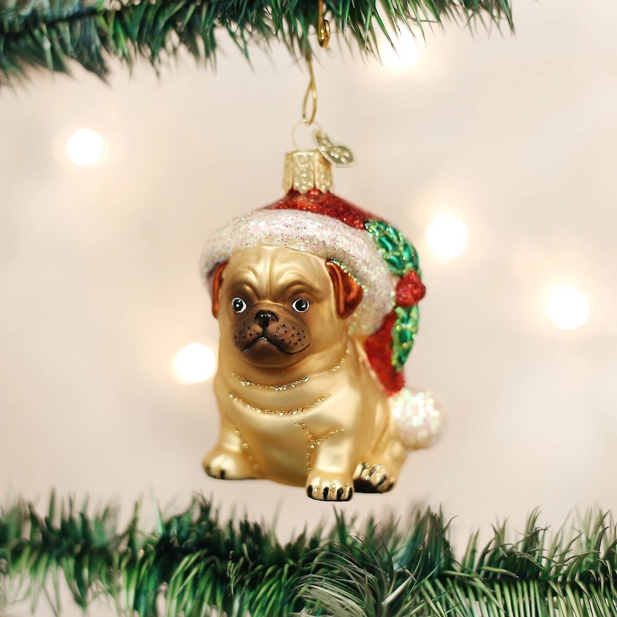 Old World Christmas Holly Hat Pug Glass Tree Ornament