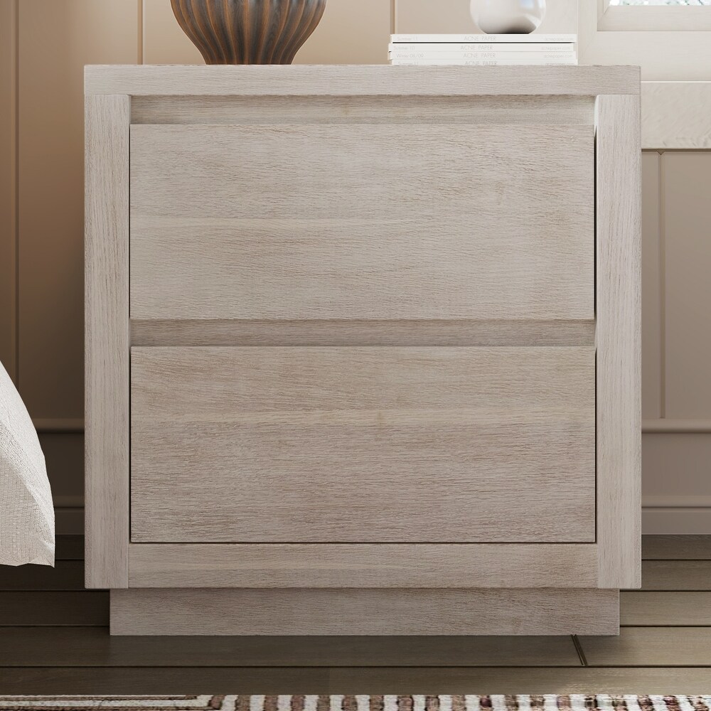 Stone Gray Wood Veneer 2 Drawer Nightstand Side Table   Modern Style for Bedroom or Living Room