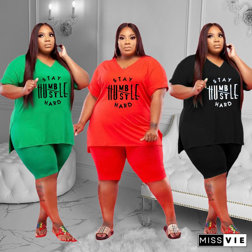 Plus Size Women Short Sleeve V Neck T-Shirt Knee Length Shorts Summer Clothes Two Piece Matching Set