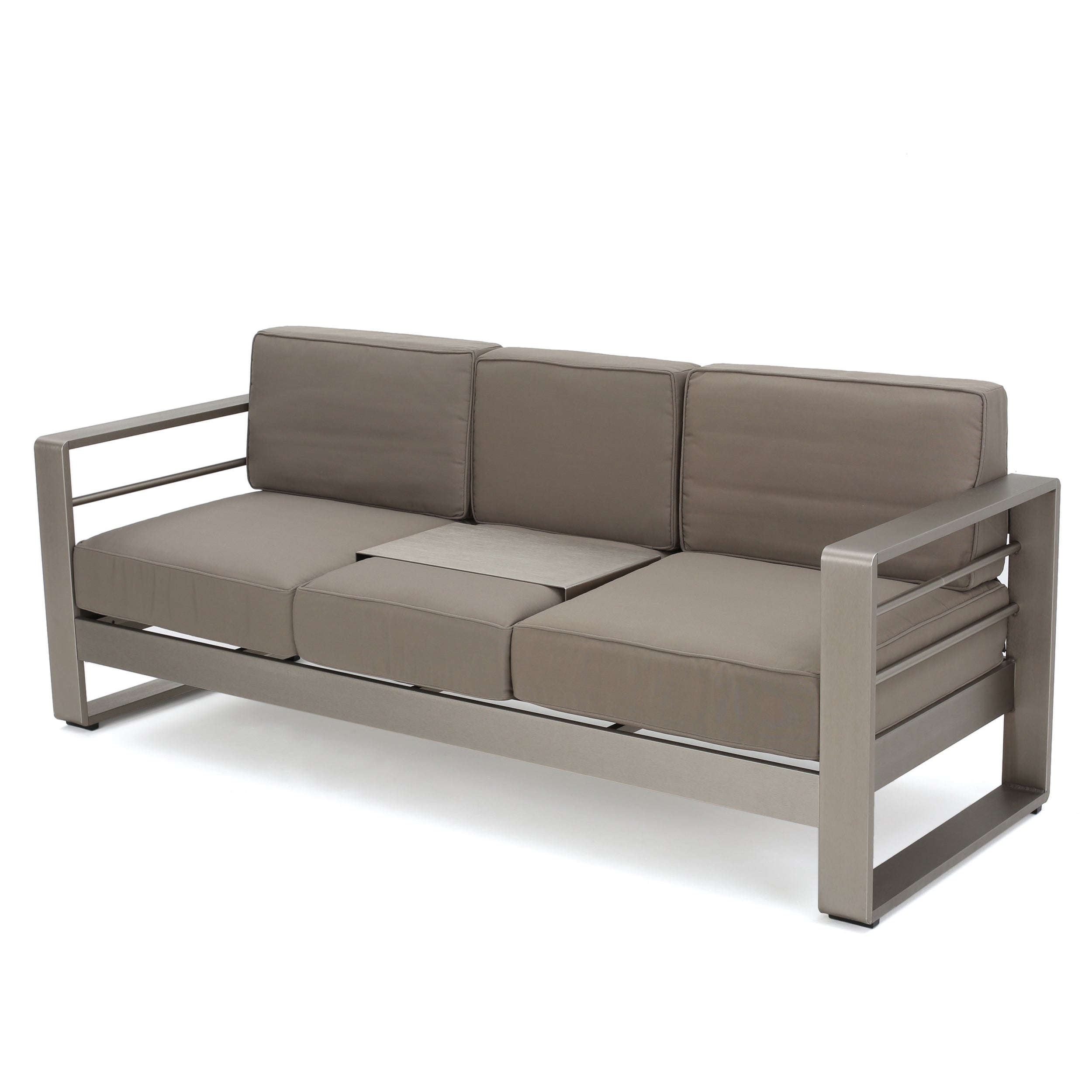 Crested Bay Outdoor Modern Convertible Aluminum Khaki Sofa with Tray Insert