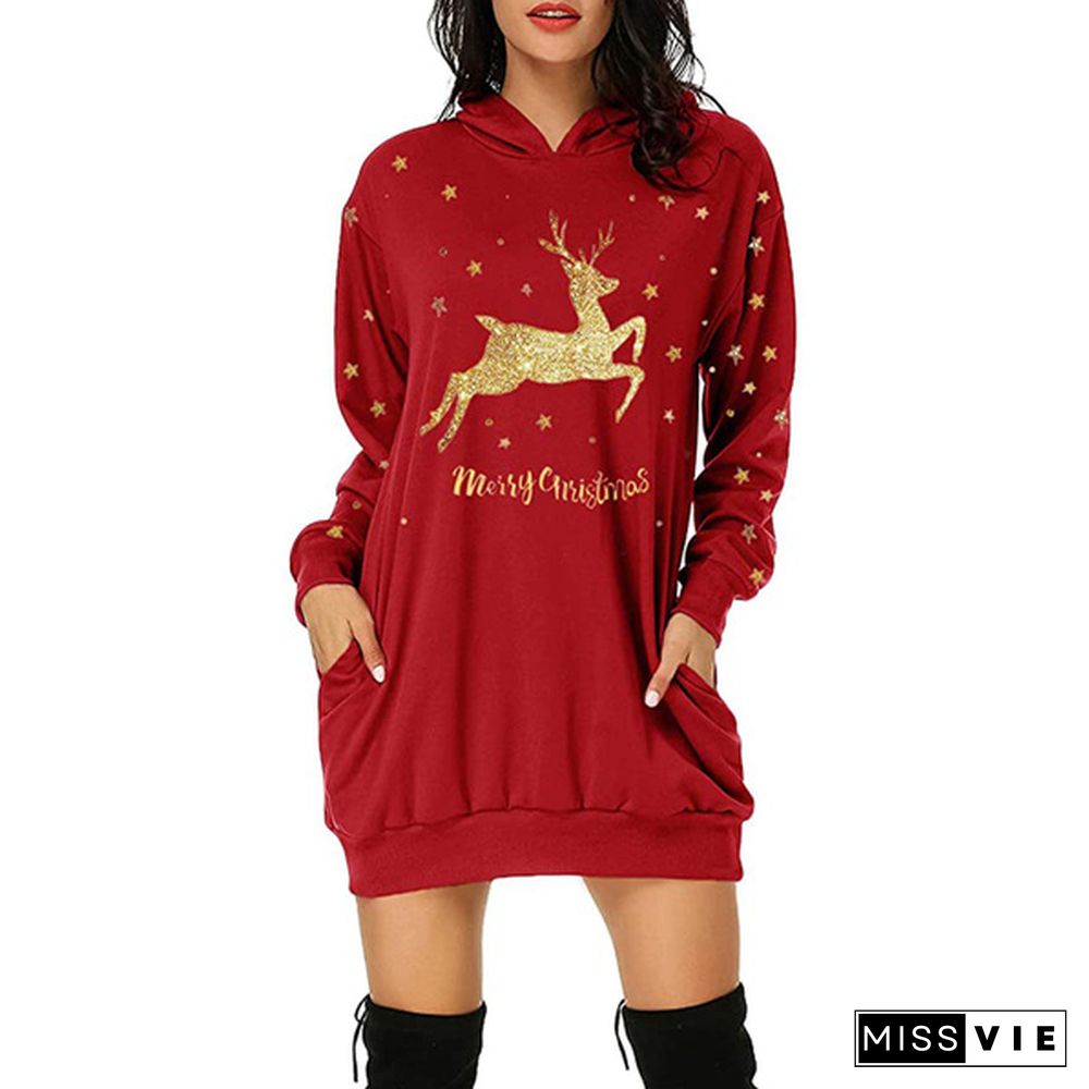 Women's Fashion Long Sleeve Hoodies Christmas Deer Printed Slim Long Pollovers Casual Hoodies Dress Plus Size S-3Xl