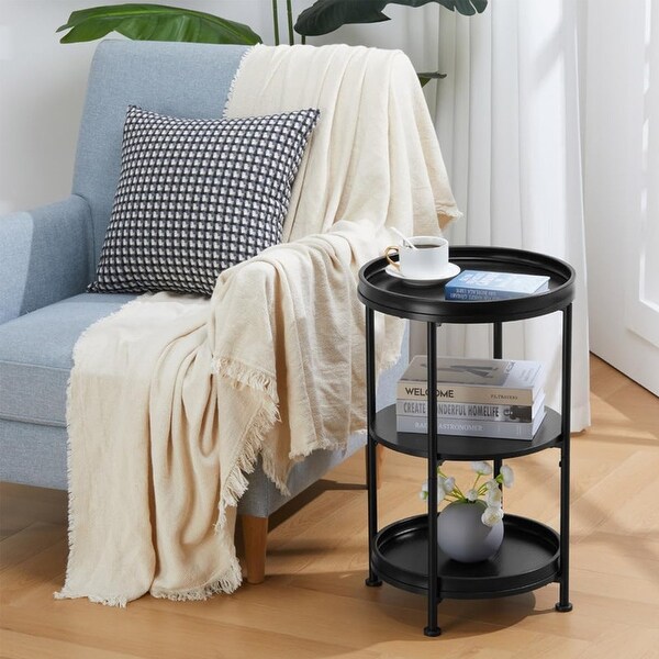 Round Industrial Sofa Table with 3 Storage Shelves，Black