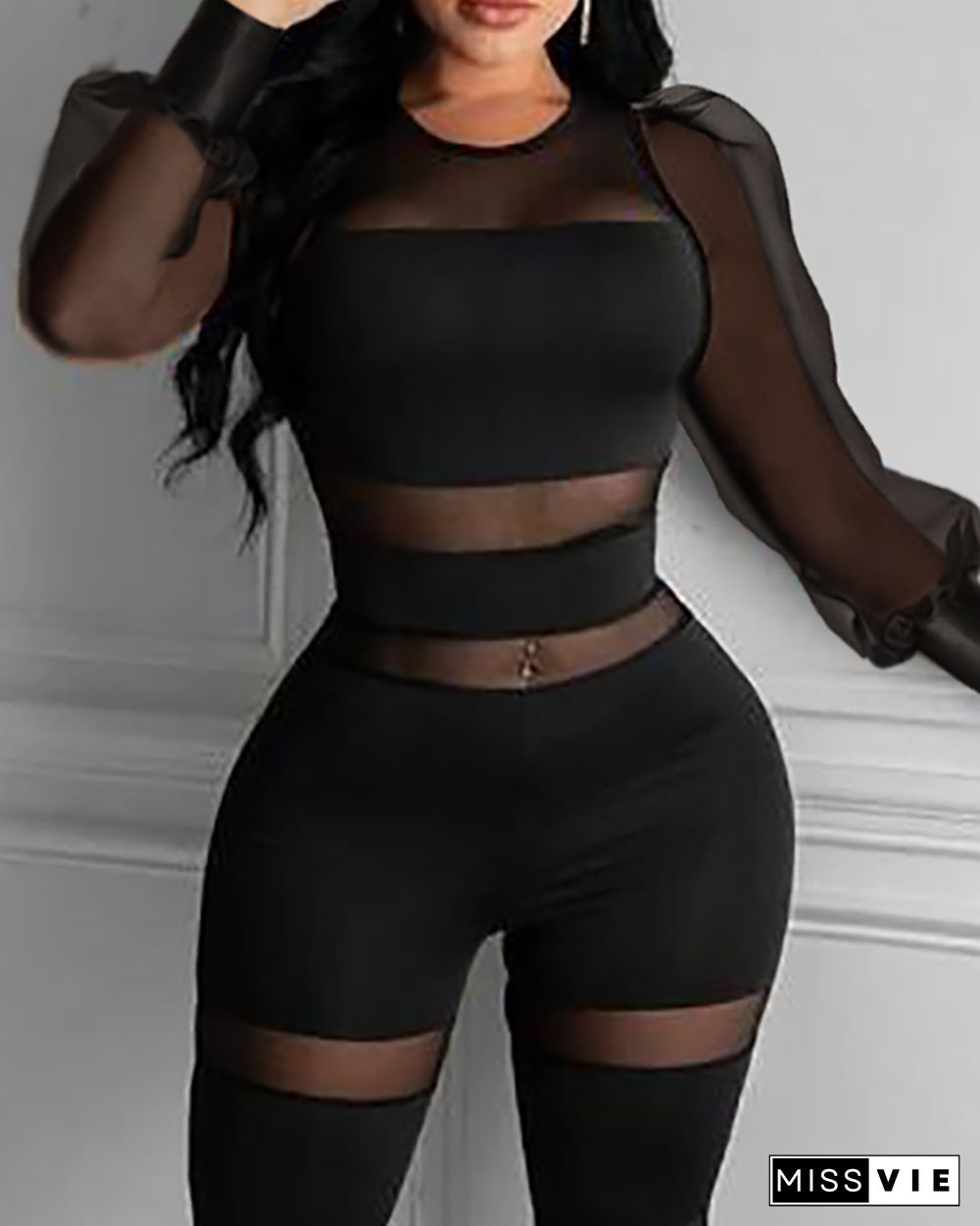 Sheer Mesh Long Sleeve Skinny Jumpsuit