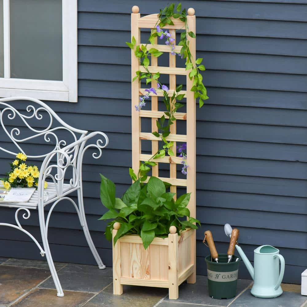 Outsunny Natural Wooden Raised Garden Bed with Trellis Board 845-389