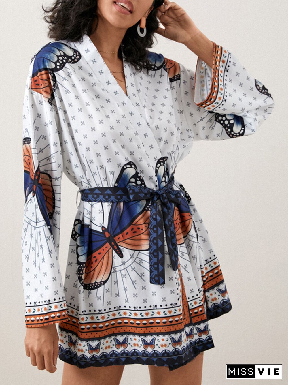 Butterfly Print Long Sleeve Wrap V-neck Dress With Belt