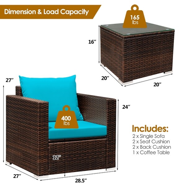 Costway 3PCS Patio Rattan Furniture Set Conversation Sofa Cushioned