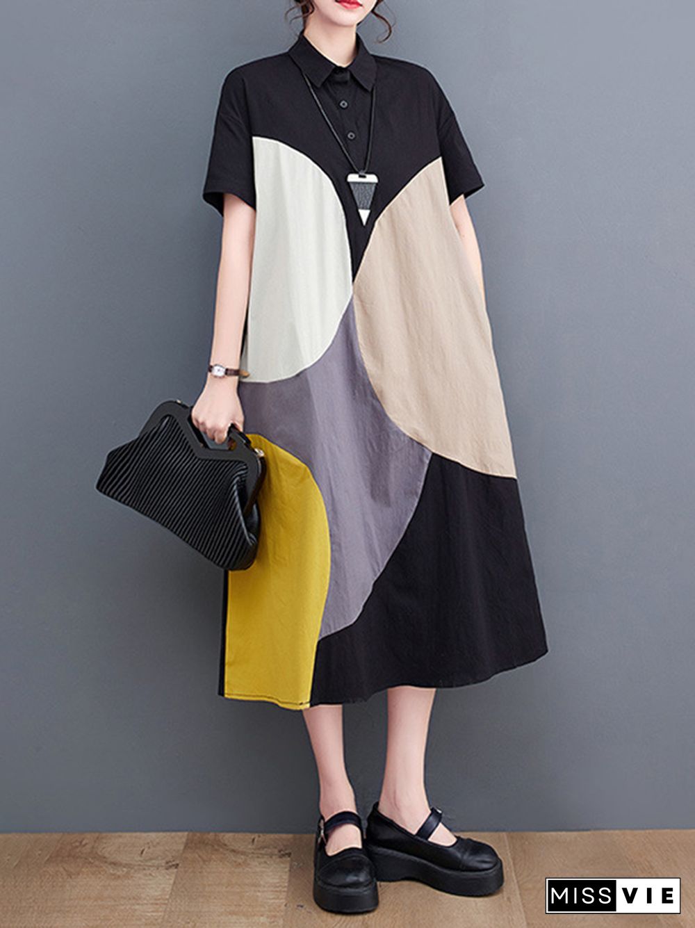 Loose Oversize Color-Block Contrast Color Split-Joint Lapel Midi Dresses Shirt Dress