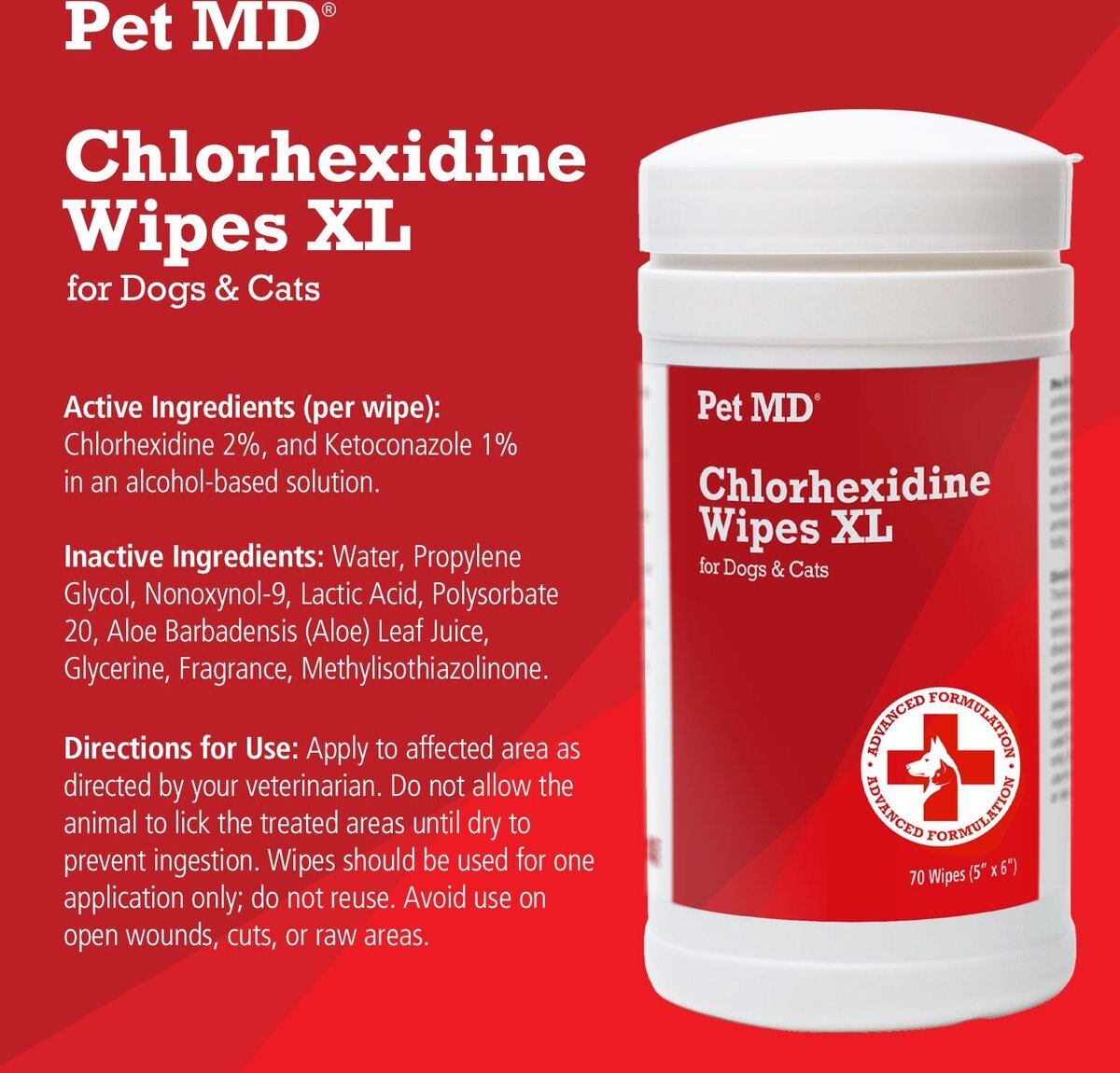 Pet MD Chlorhexidine Antiseptic Dog and Cat Wipes， 70 count