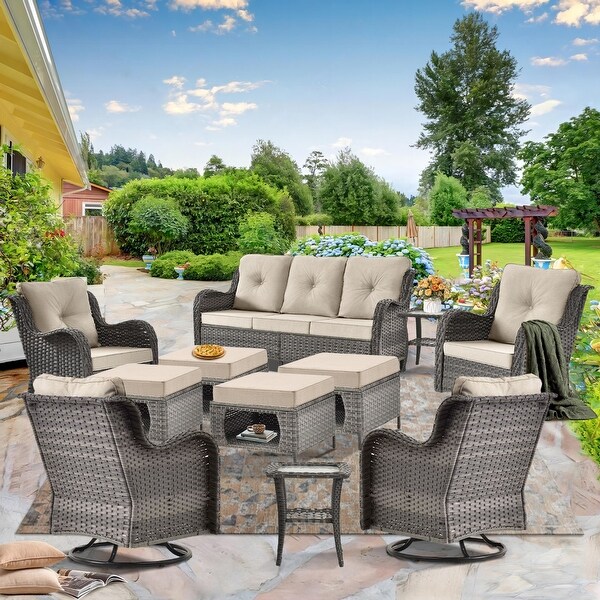 Wicker Patio Furniture Conversation Set with High Back Swivel Chairs and Storage Ottomans，Cushions Included🎃