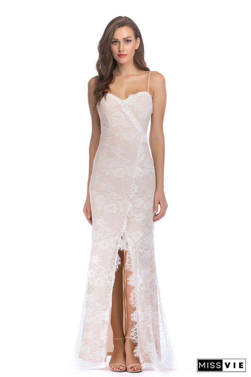 Ivory Lace Spaghetti Straps Backless Slit Bodycon Prom Dress