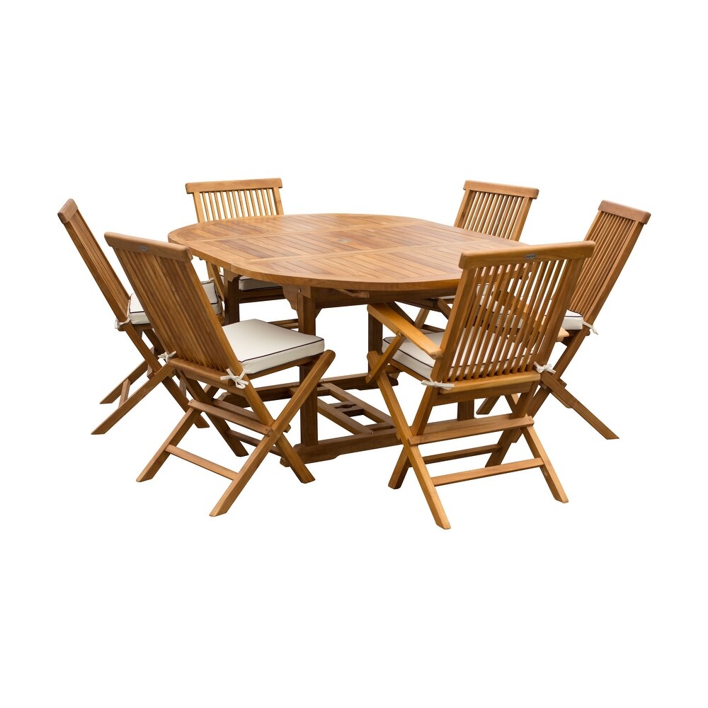 Chic Teak 7 Piece Teak Wood Miami Patio Dining Set with Round to Oval Extension Table  2 Arm Chairs and 4 Side Chairs