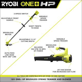 RYOBI ONE+ HP 18V Brushless Cordless Battery String Trimmer  Leaf Blower w Extra 3-Pack of Spools 4.0 Ah Battery  Charger P20121-AC