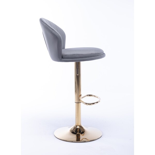 Modern Bar Stools Set of 2 Adjustable Mechanical Lifting Velvet and Golden Leg Bar Stool， Chrome Footrest and Base Swivel Height