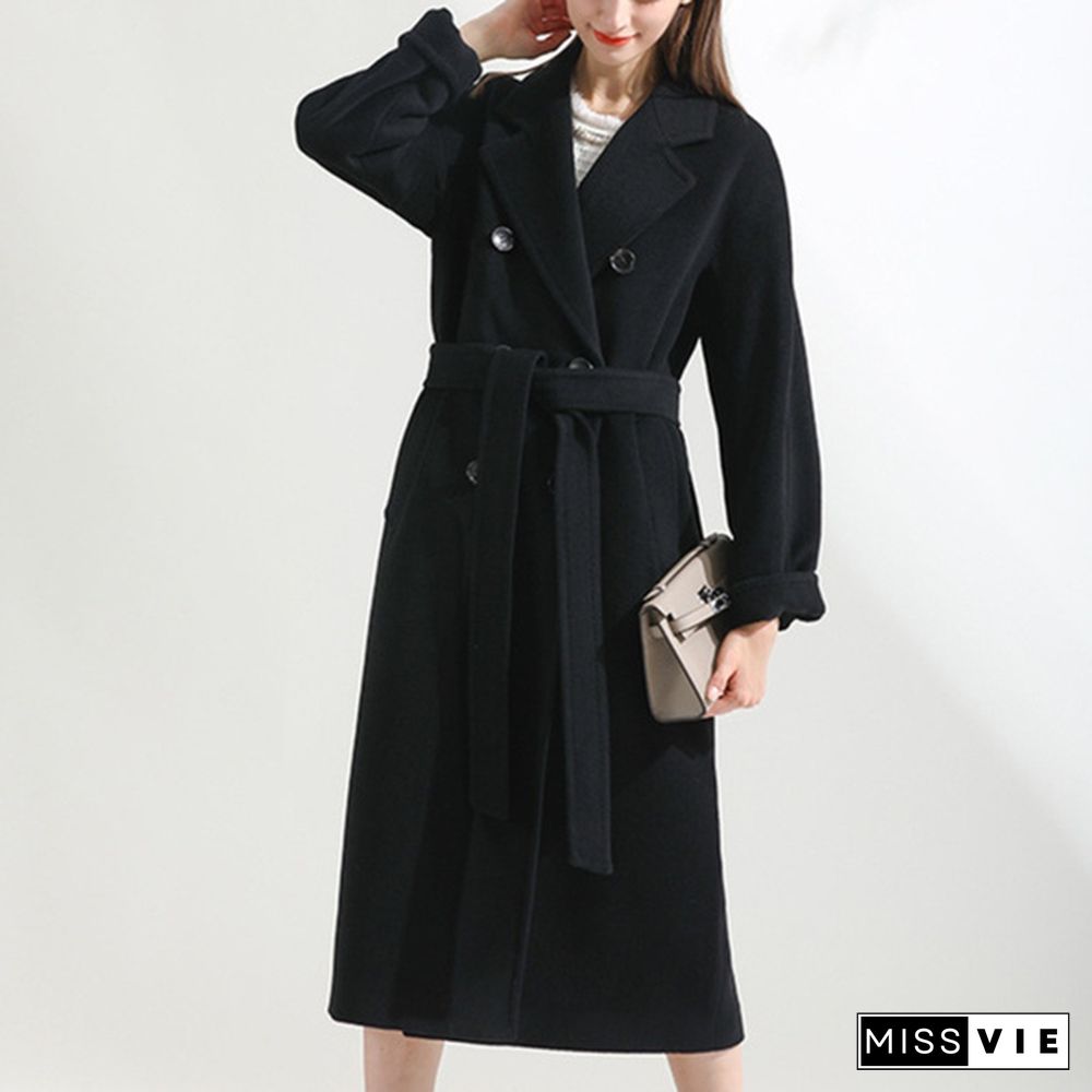 New Fashion Lapel Coat Slim Double Breasted Long-sleeved Silm Solid Color Woman Trench Coats