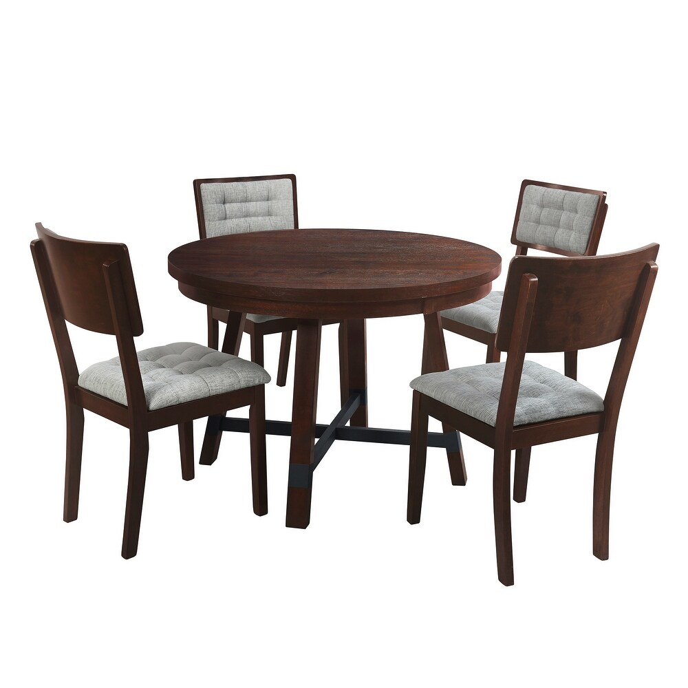 5 Piece Round Dining Table Set with Cross Legs and Upholstered Chairs