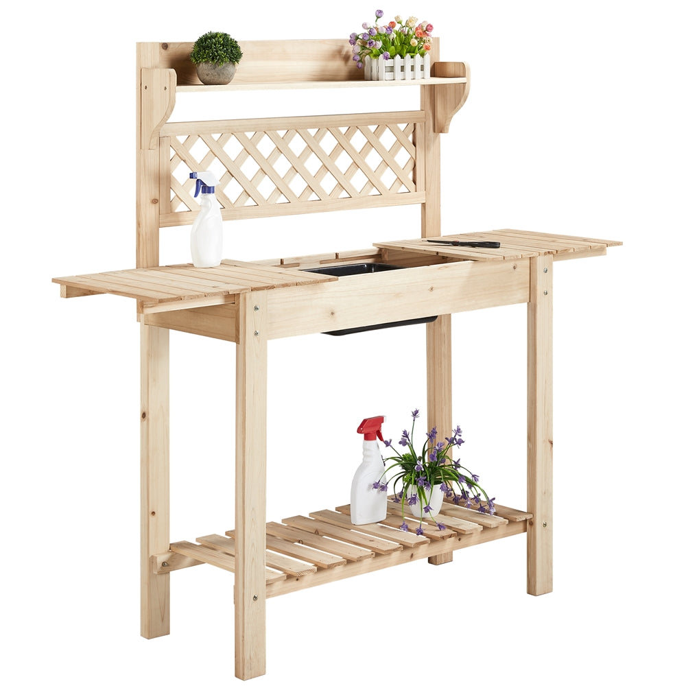 Yaheetech Garden Potting Bench Outdoor Planting Table Wooden Work Station Table w/ Sliding Tabletop Open Storage Shelf, Natural