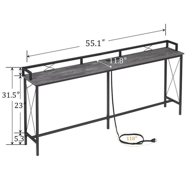 Extra Long Console/Sofa Table with Charging StationandPower Outlet， Charcoal Grey