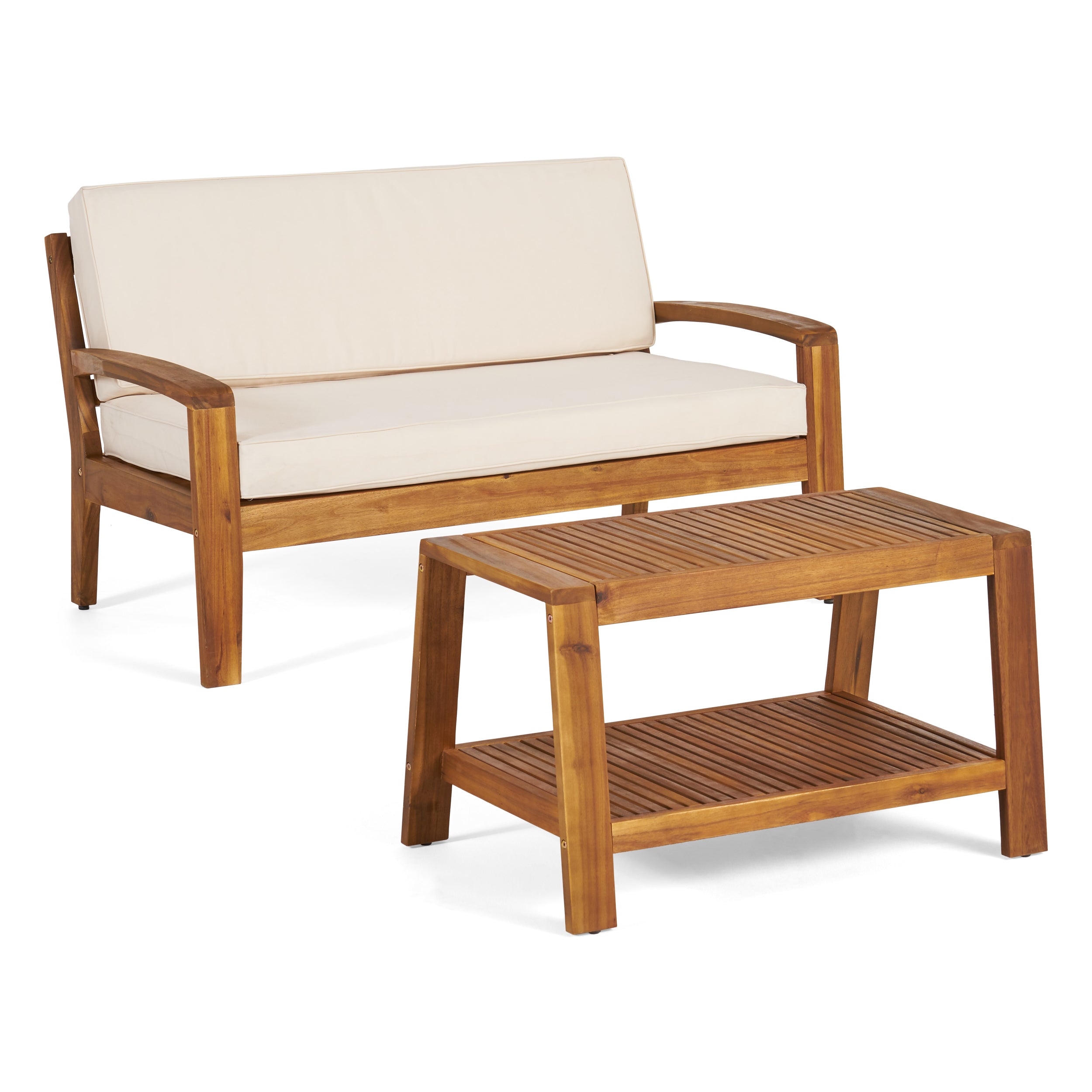 Christian Outdoor Acacia Wood Loveseat and Coffee Table Set with Cushions