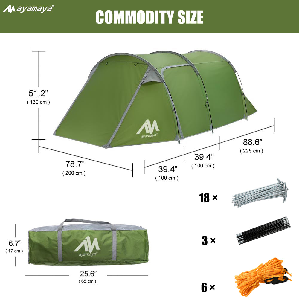 Camping Tents for 3 Person, AYAMAYA Waterproof Motorcycle Tent 2 Room Design - Detachable Bedroom & Vestibule with Footprint, Easy Setup Tunnel Tent for Survival Hiking Backpacking