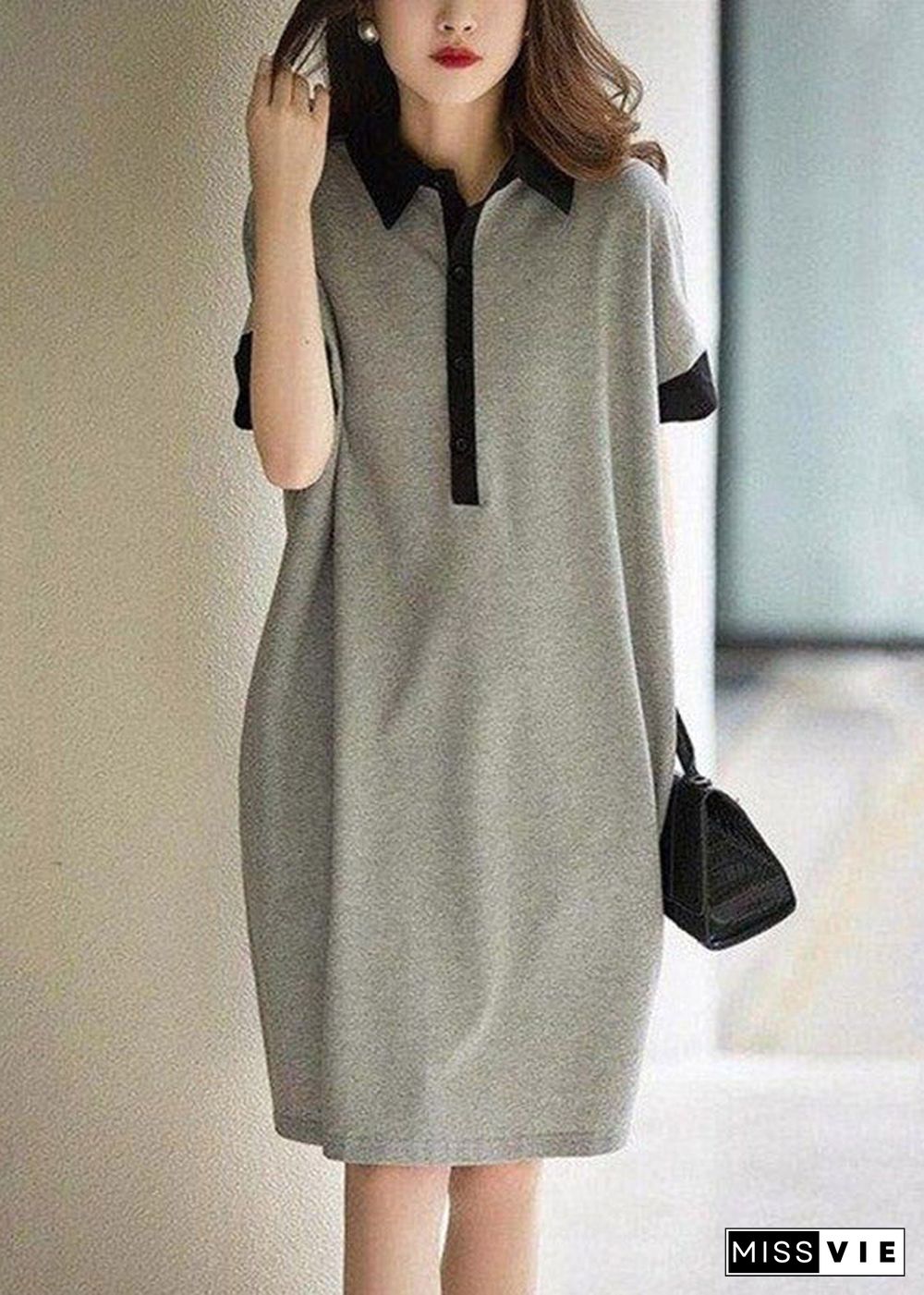 Casual Black Peter Pan Collar Button Cotton Maxi Dresses Short Sleeve