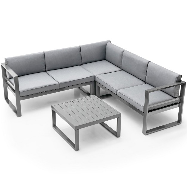 Costway 4pcs Patio Furniture Set Aluminum Frame Loveseat Coffee Table Cushions Deck Grey