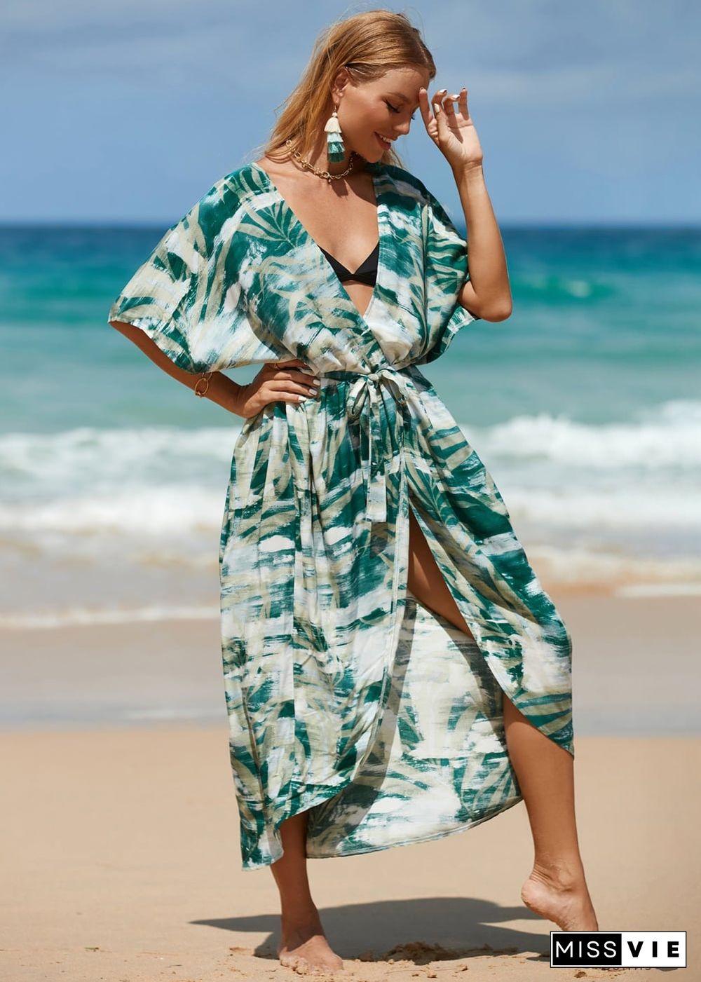 Boho Leaf Printed Beach Cardigan Loose Dress Amelia