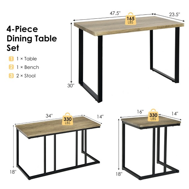 Costway 4 piece Dining Table Set Industrial Dinette Set Kitchen Table W bench amp 2 Stools