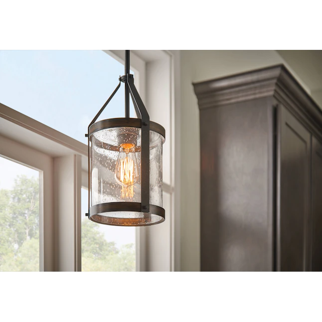 Kichler 82281 Barrington Distressed Black and Wood Tone Rustic Seeded Glass Cylinder Mini Pendant Light