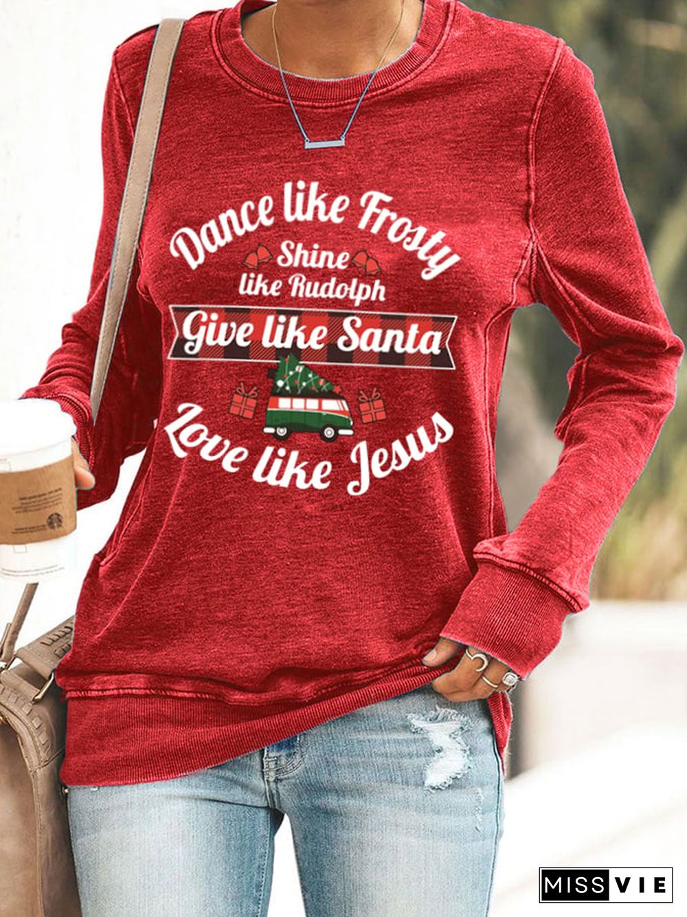 Women's Dance Like Frosty, Shine Like Rudolph, Give Like Santa Love Like Jesus Print Casual Sweatshirt