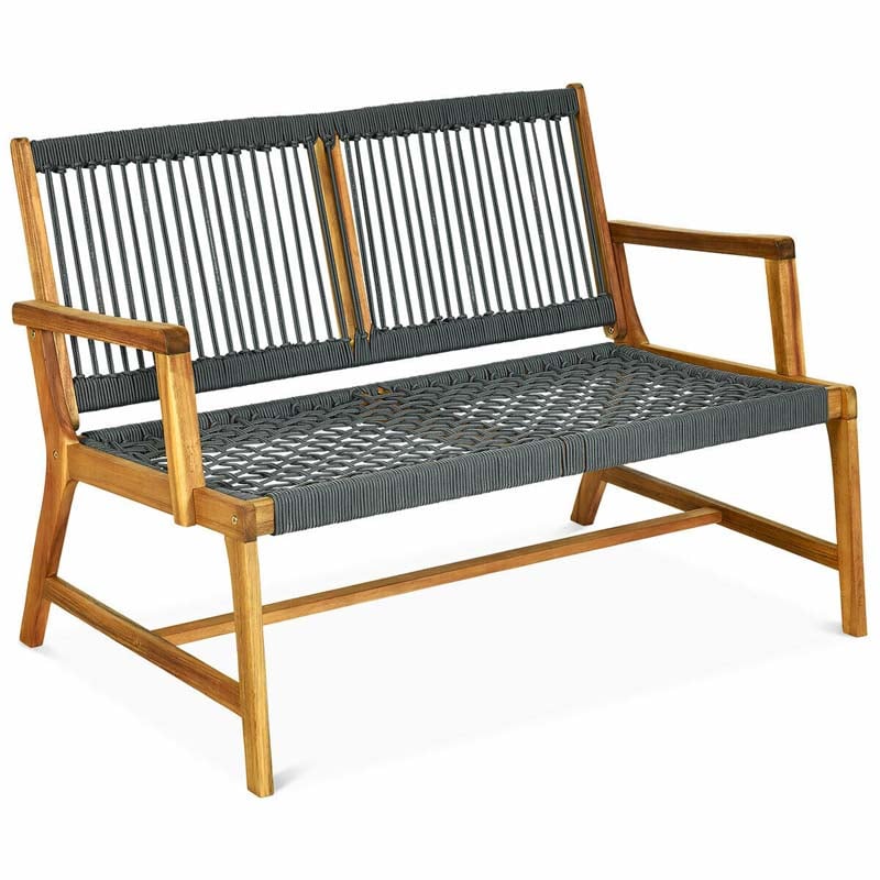 2-Person Acacia Wood Rope Bench Loveseat Chair, Outdoor Patio Garden Park Bench in Teak Oil Finish