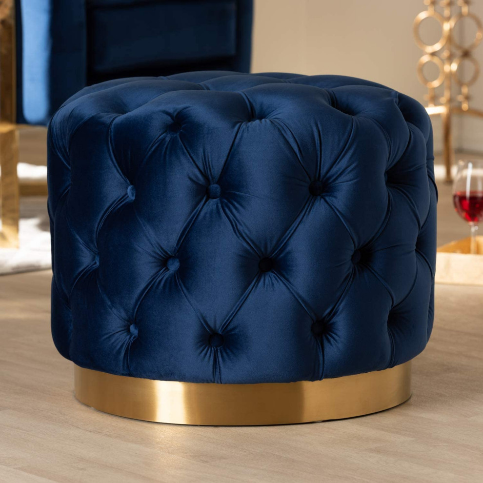 Royal Blue Velvet Fabric Upholstered Gold Finished Button Tufted Ottoman   Contemporary   Footstools And Ottomans   by Imtinanz  LLC  Houzz