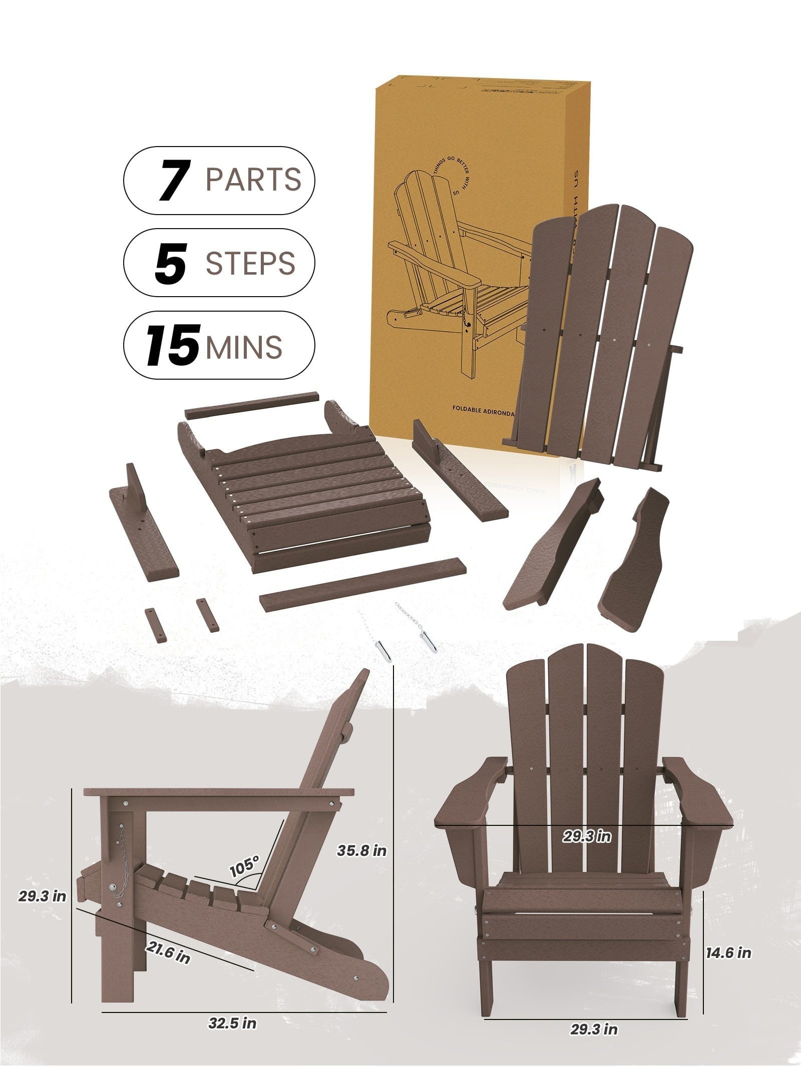 Folding Outdoor Patio Adirondack Chair for Garden, Brown