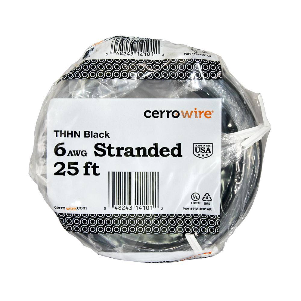 Cerrowire 25 ft. 6 Gauge Black Stranded Copper THHN Wire 112-4201AR