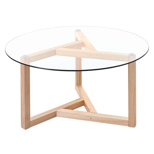 35 in. Round Glass Coffee Table Cocktail Table with Top and Wood Base