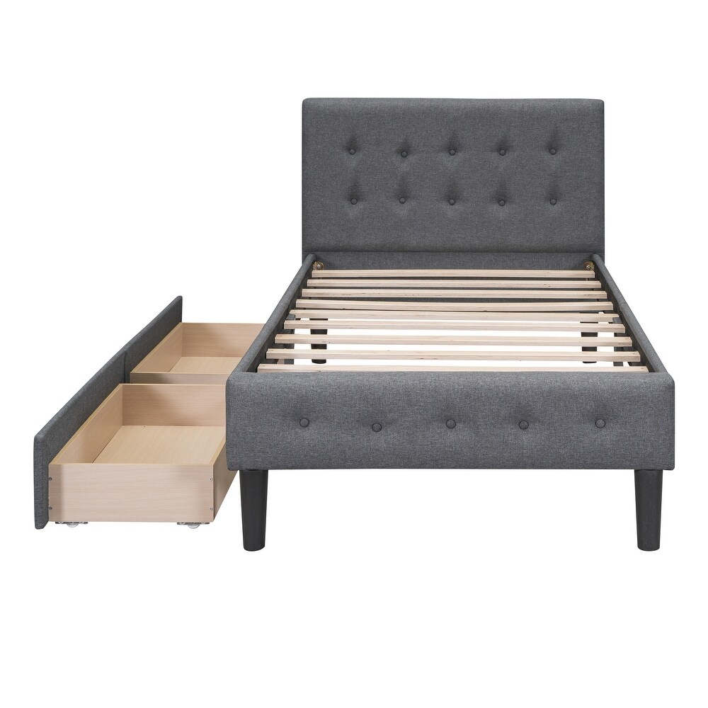 Solid   Sturdy Twin Size Upholstered Platform Bed with 2 Drawers