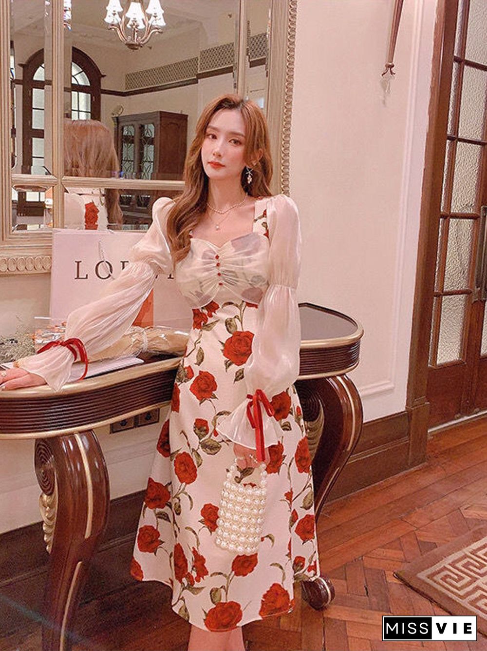 Women Summer Holiday Floral Elegant Vestidos College Lady High Waist Party Long Dress Female France Camisole Dress