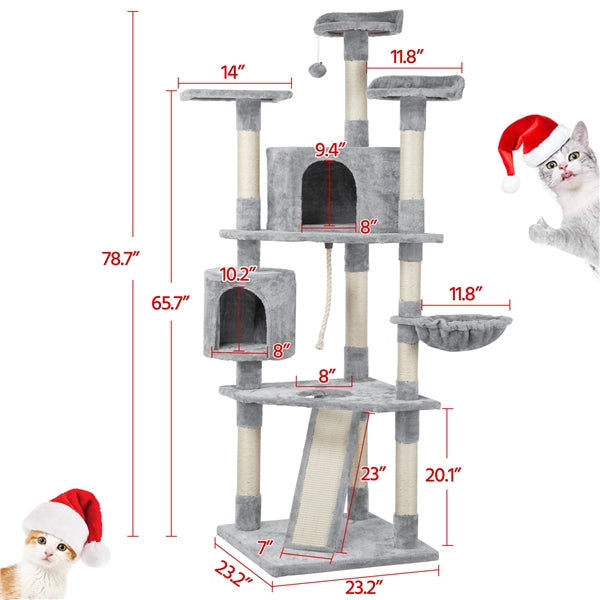 Topeakmart Multi-level Cat Tree Condo Tower with Basket， Scratching Posts and Ramp Light Gray， 79'' H