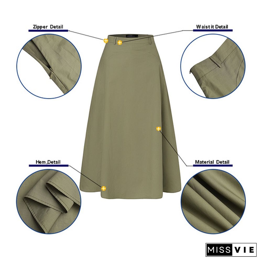 Plus Size Evening Cotton Skirt Midi Buttons Skirt Women Summer Fashion Elastic Waist Dress