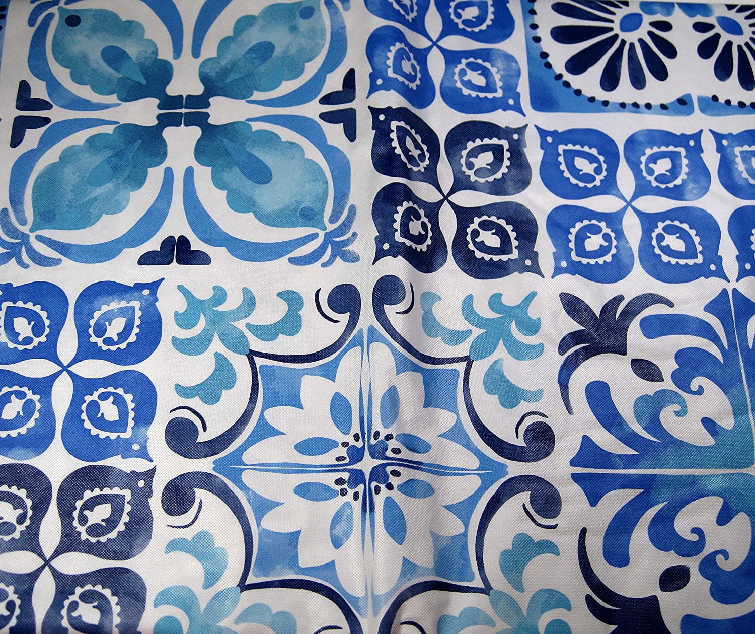 Elrene Summer Vinyl Tablecloths: Umbrella Hole with Zipper 60" x 84", Lapis Blue Tile Design