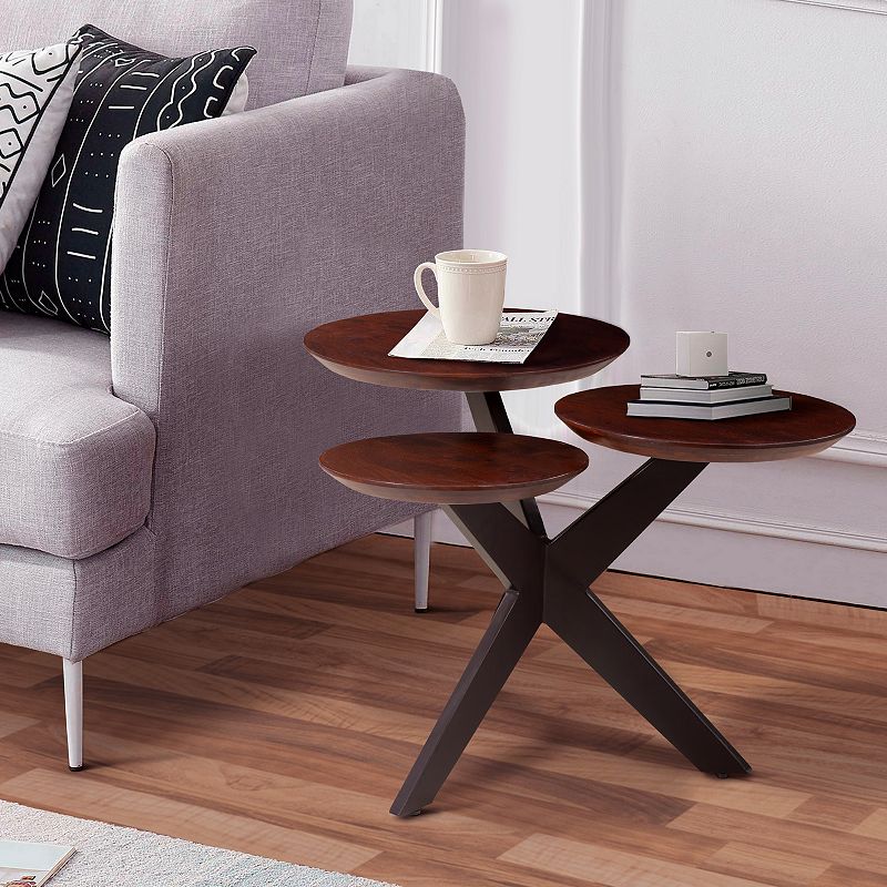 Modern Coffee Table with 3 Tier Wooden Top and Boomerang Legs， Brown and Black