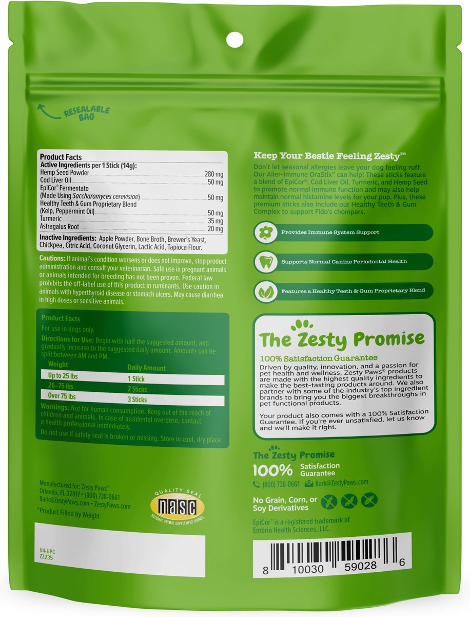 Zesty Paws Hemp Elements Aller-Immune OraStix Peppermint Flavored Dog Dental Chews