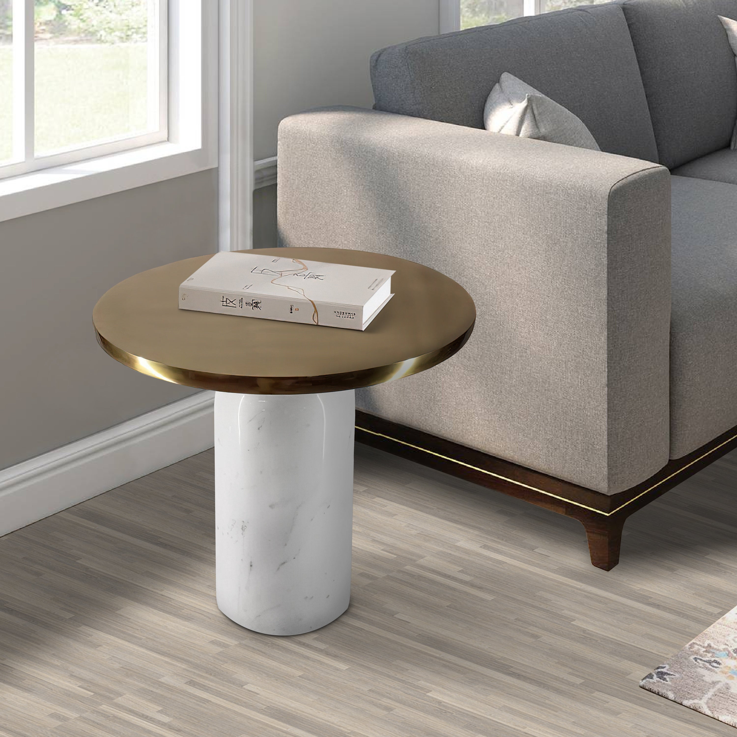 17 Inch Round Brass Modern Accent End Table with Cylindrical Marble Base， Brass， White