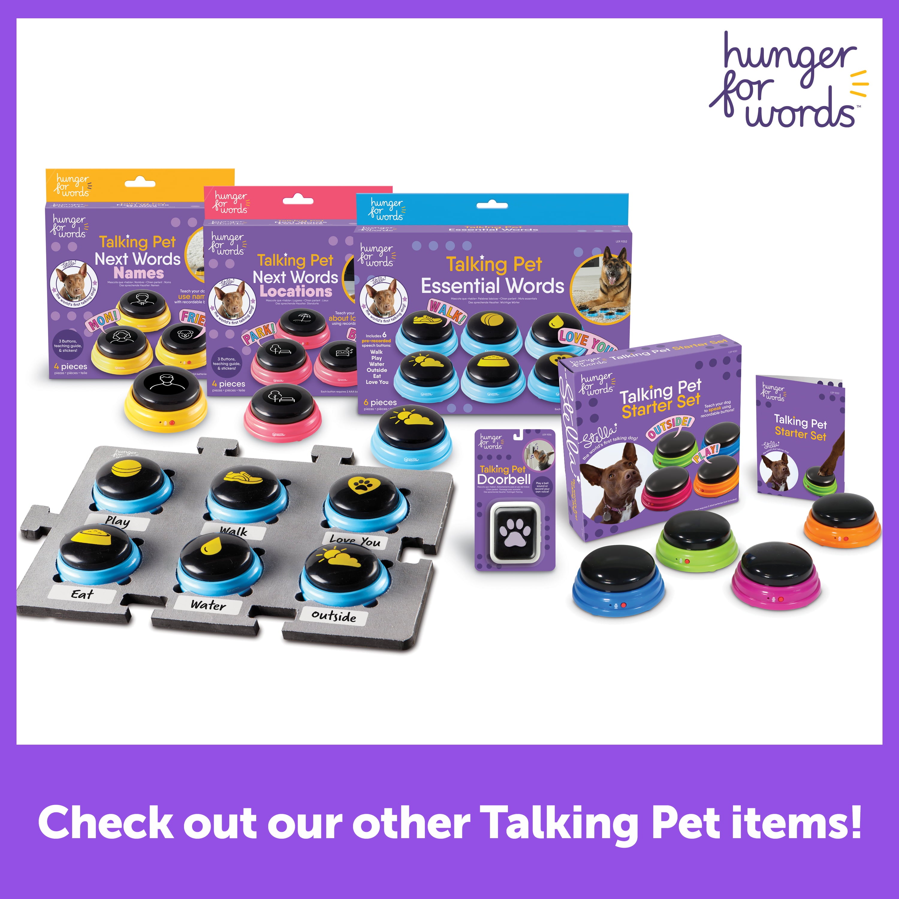 Hunger for Words Talking Pet Essential Words 6-Piece Buttons for Dog Communication， Dog Toys