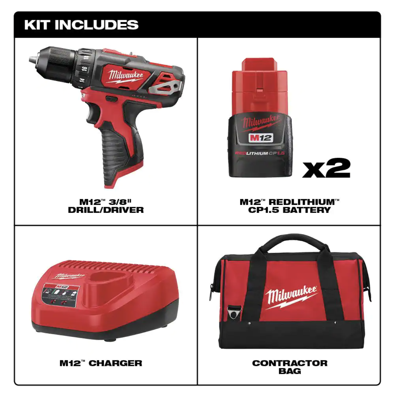 Milwaukee M12 12V Lithium-Ion Cordless 3/8 in. Drill/Driver Kit with Two 1.5 Ah Batteries， Charger and Tool Bag