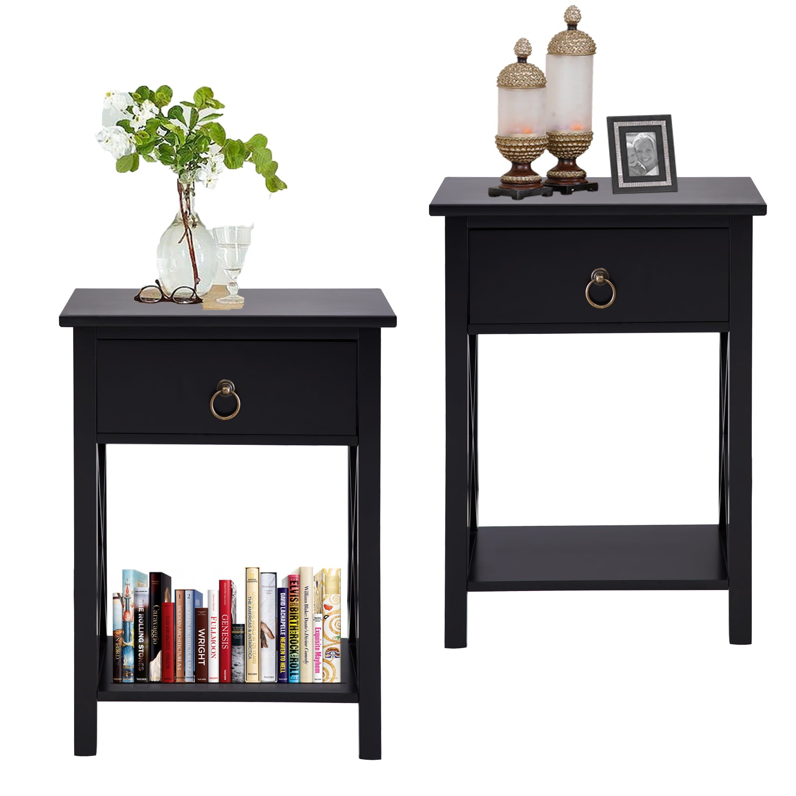 Alisa Bedside Table Set of 2 Night Stand Wooden End Tables Set of 2 Side Tables Bedroom Night Stands Bed Side Table/Night Stand End Small Nightstand - Color: Black, Quantity: Set of 2