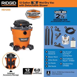 RIDGID 12 Gallon 6.0 Peak HP NXT WetDry Shop Vacuum with Detachable Blower Filter Dust Bag Locking Hose and Accessories HD1280