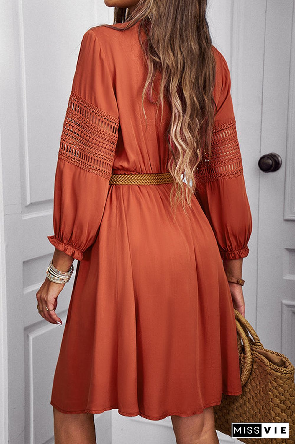 Solid Color V Neck Long Sleeve Casual Dress