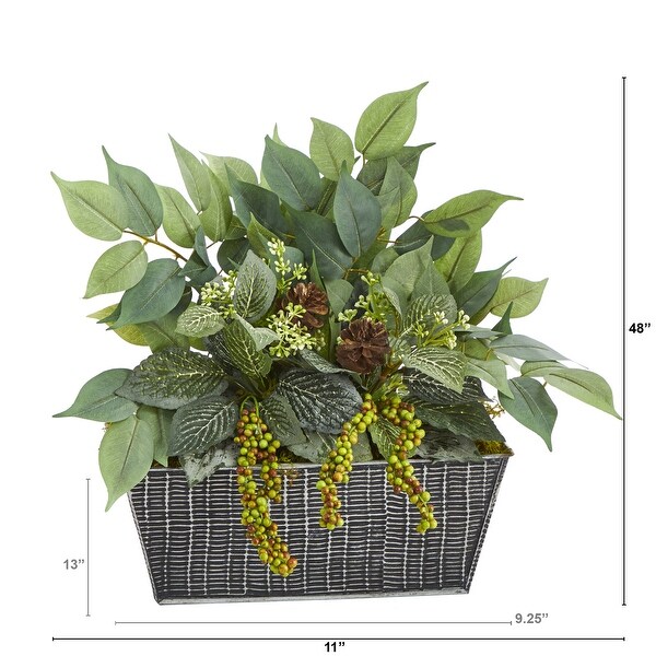 14 Mixed Ficus and Fittonia Artificial Plant in Embossed Tin Planter