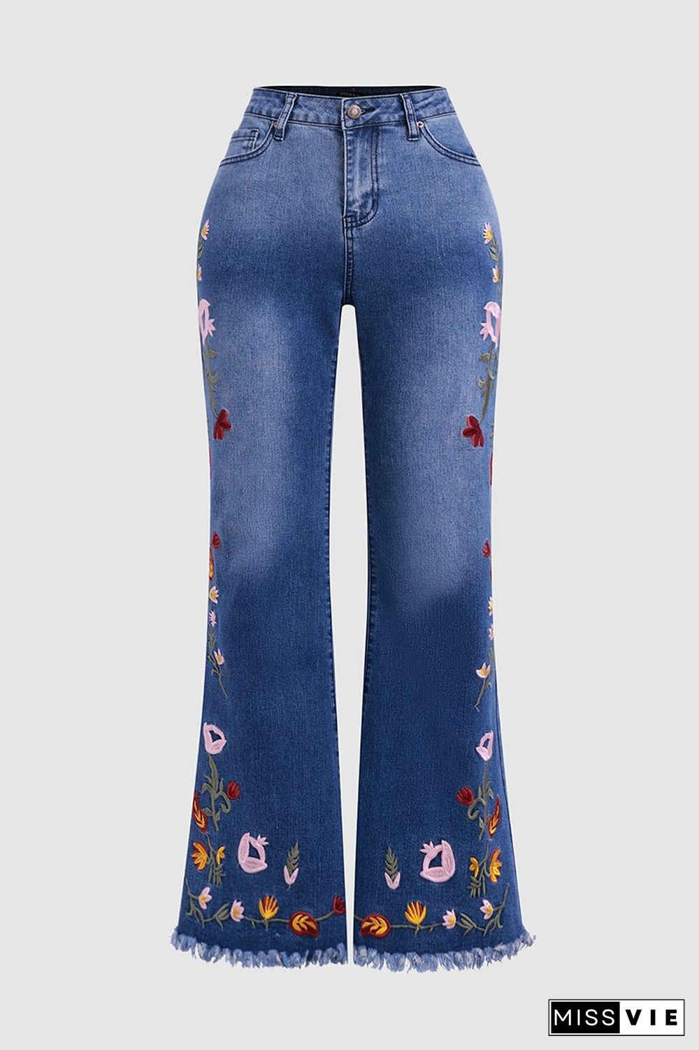 Floral Embroidery Raw Hem Mid Rise Flare Jeans